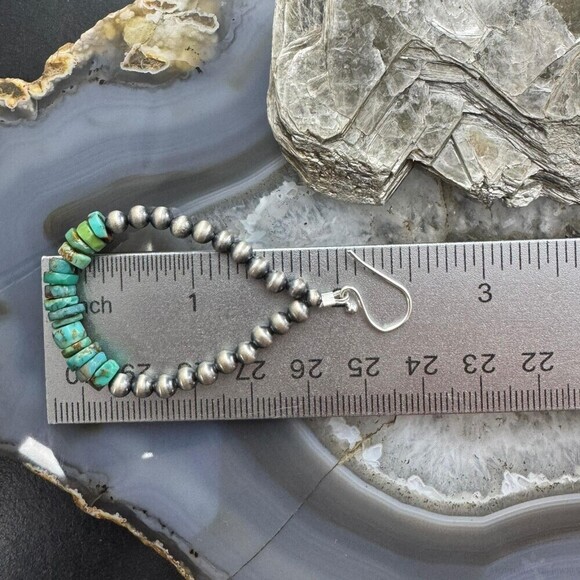 Sterling 4mm Navajo Pearl Southwester Style & 6mm Turquoise Bead Hoop Earrings - Picture 9 of 10